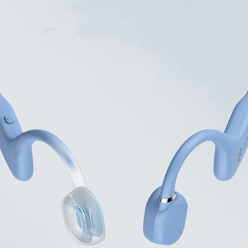 Bone conduction Bluetooth sports headset in hanging neck design, shown in multiple colour options.