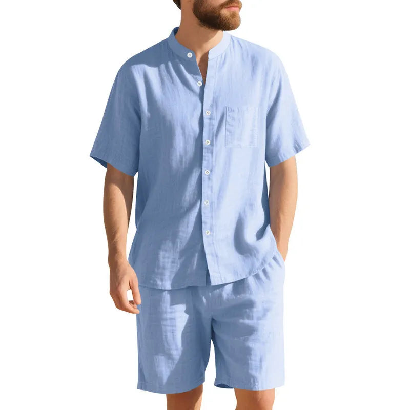 Men's light blue short-sleeve linen shirt and matching shorts, a casual two-piece summer suit set.