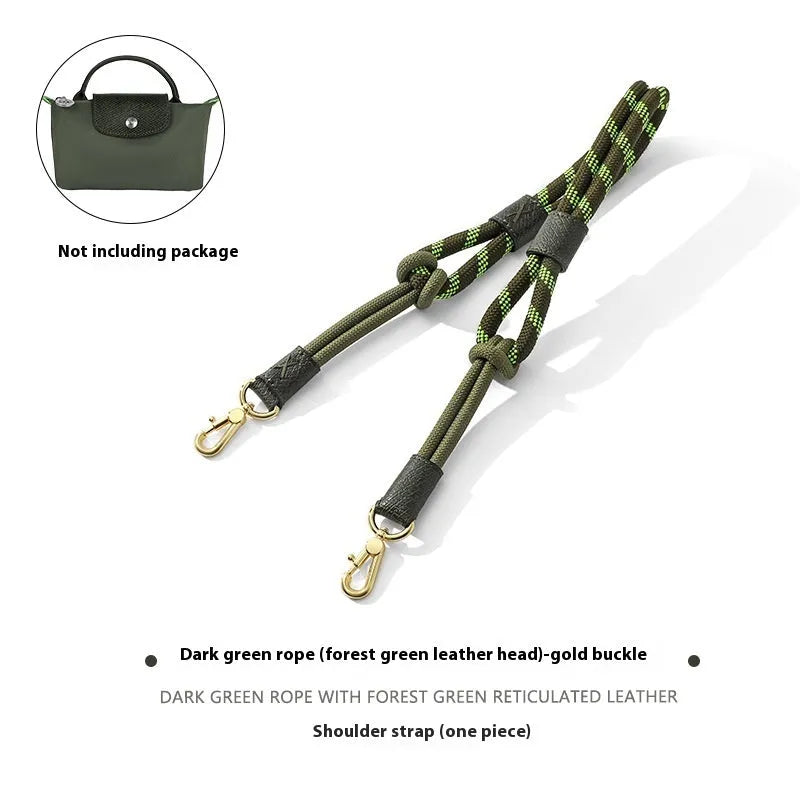 Braided nylon and cowhide leather crossbody shoulder strap with gold alloy buckle on a grey background.