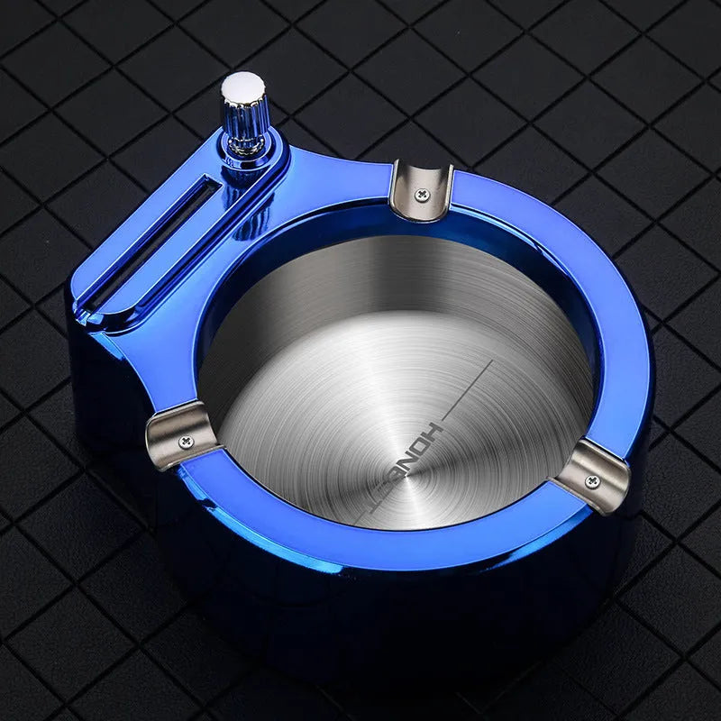Blue metal ashtray with permanent match lighter and three cigarette slots