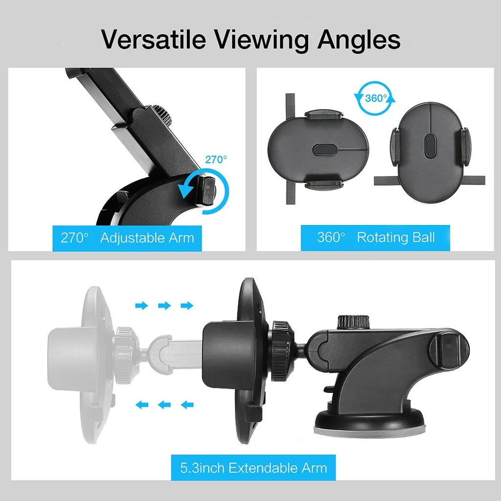 Yellow and black telescopic car phone holder with suction cup mount on textured dashboard