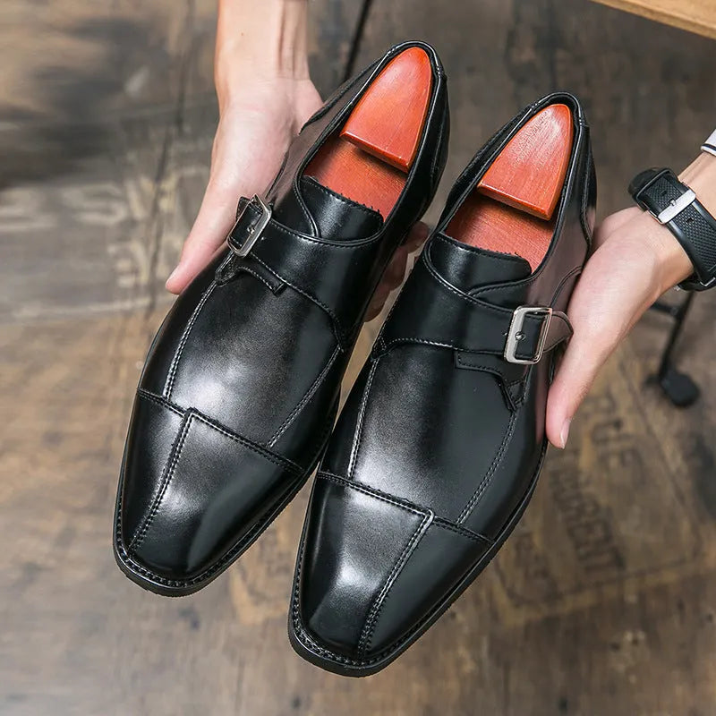 Men's brown-blue British retro-style casual shoes with buckle fastening and tall crown upper