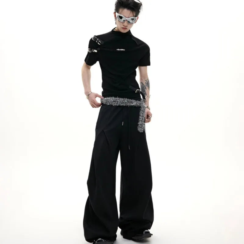 Men's black cotton short sleeve t-shirt with metal belt detail and stand-up collar