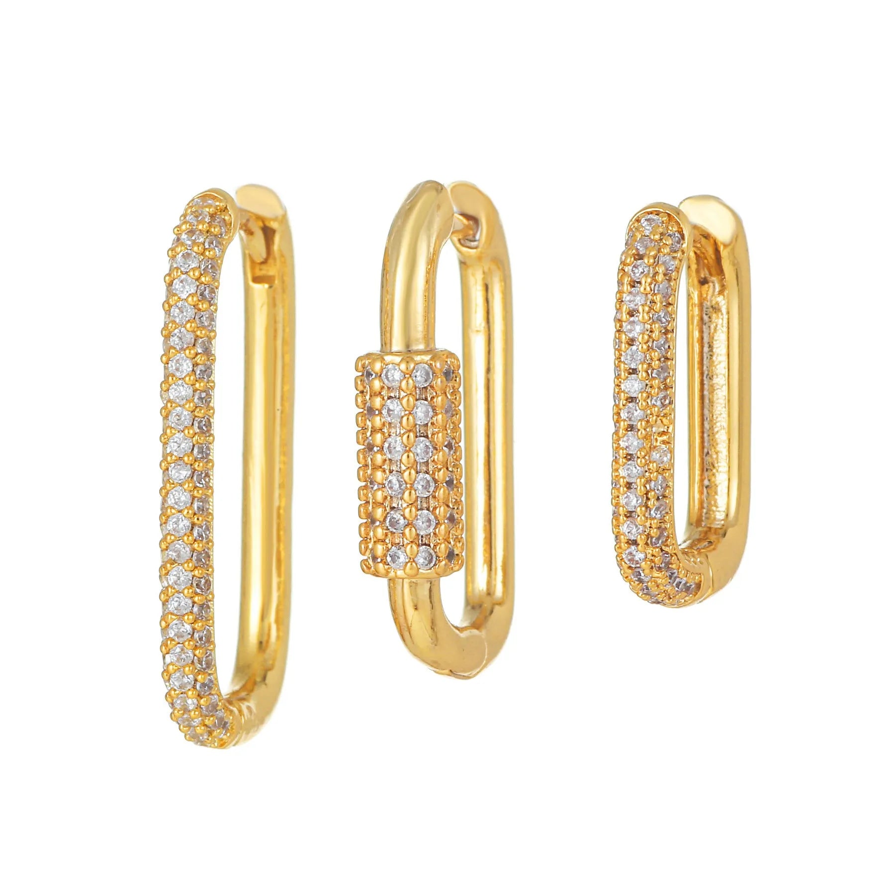 Three geometric zircon ear clips with square design in gold and white colour options