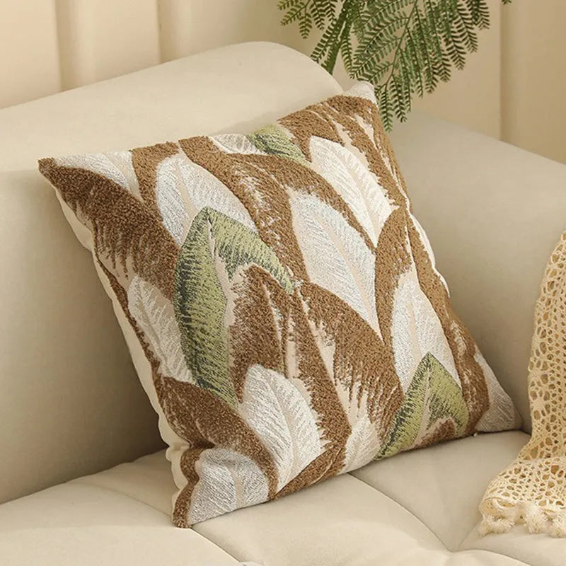 Square 45cm yarn-dyed Jacquard pillow cover with Nordic floral botanical pattern in multiple colour options.