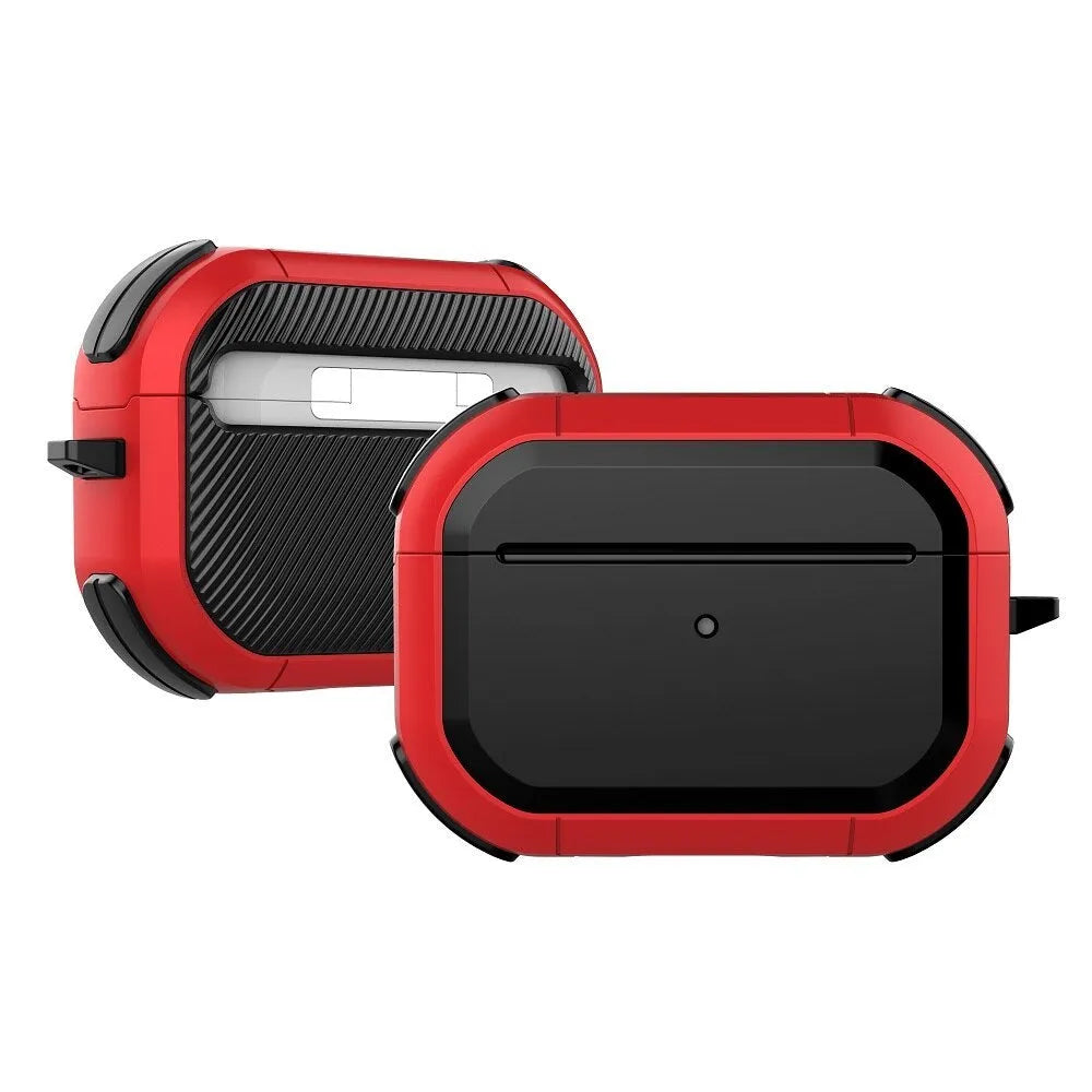 Black TPU and PC protective shell case for Apple AirPods 1, 2, and Pro charging case.