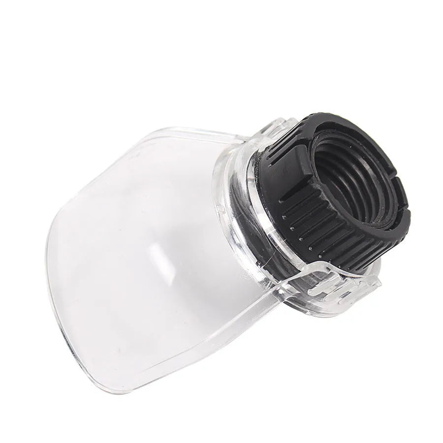 Transparent plastic horn-shaped safety face shield for industrial grinding and polishing tools.