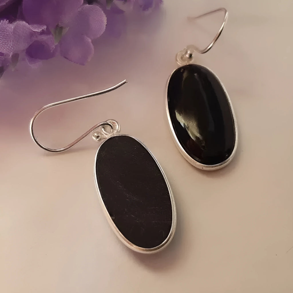 Black geometric women's earrings with oval agate pendants on 925 silver posts