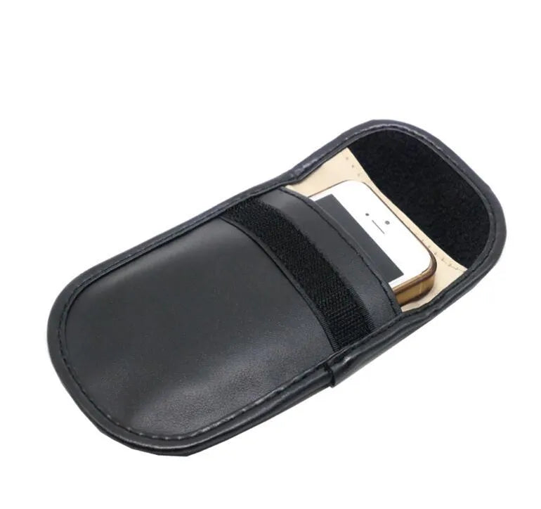 Black microfiber RFID blocking bag for car keys and cards measuring 13.5 by 9.5 cm