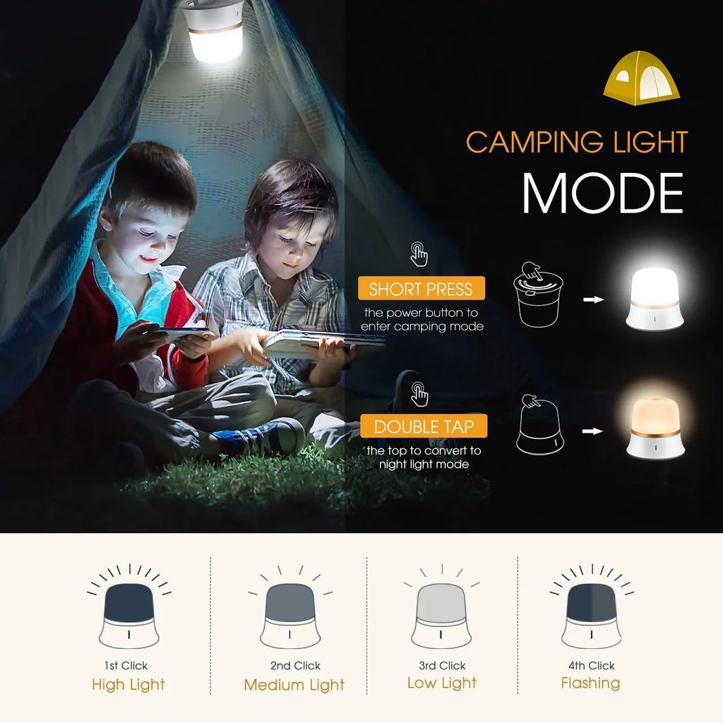 White cylindrical bedside night light with touch controls and motion sensor on a table.