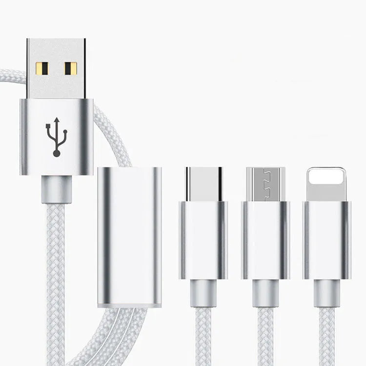Three-in-one mobile phone charging cable with 1.2m length in multiple colour options