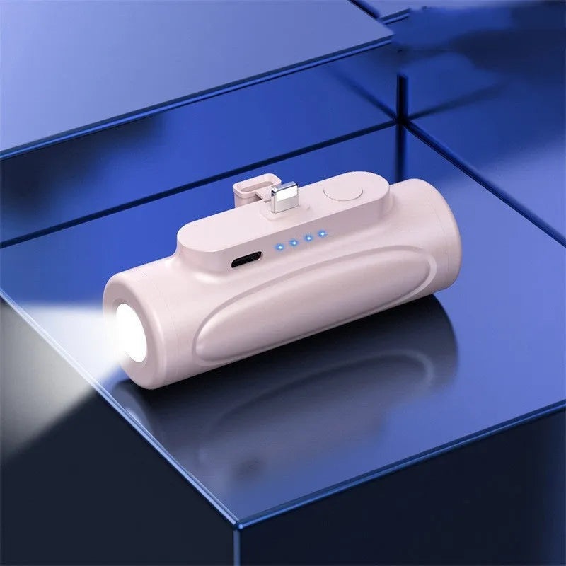 Black creative power bank with LED flashlight showing Type-C port and compact 83x27x41mm dimensions