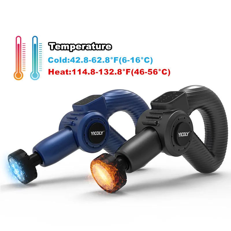 Black smart muscle massage gun with multiple attachment heads on a table