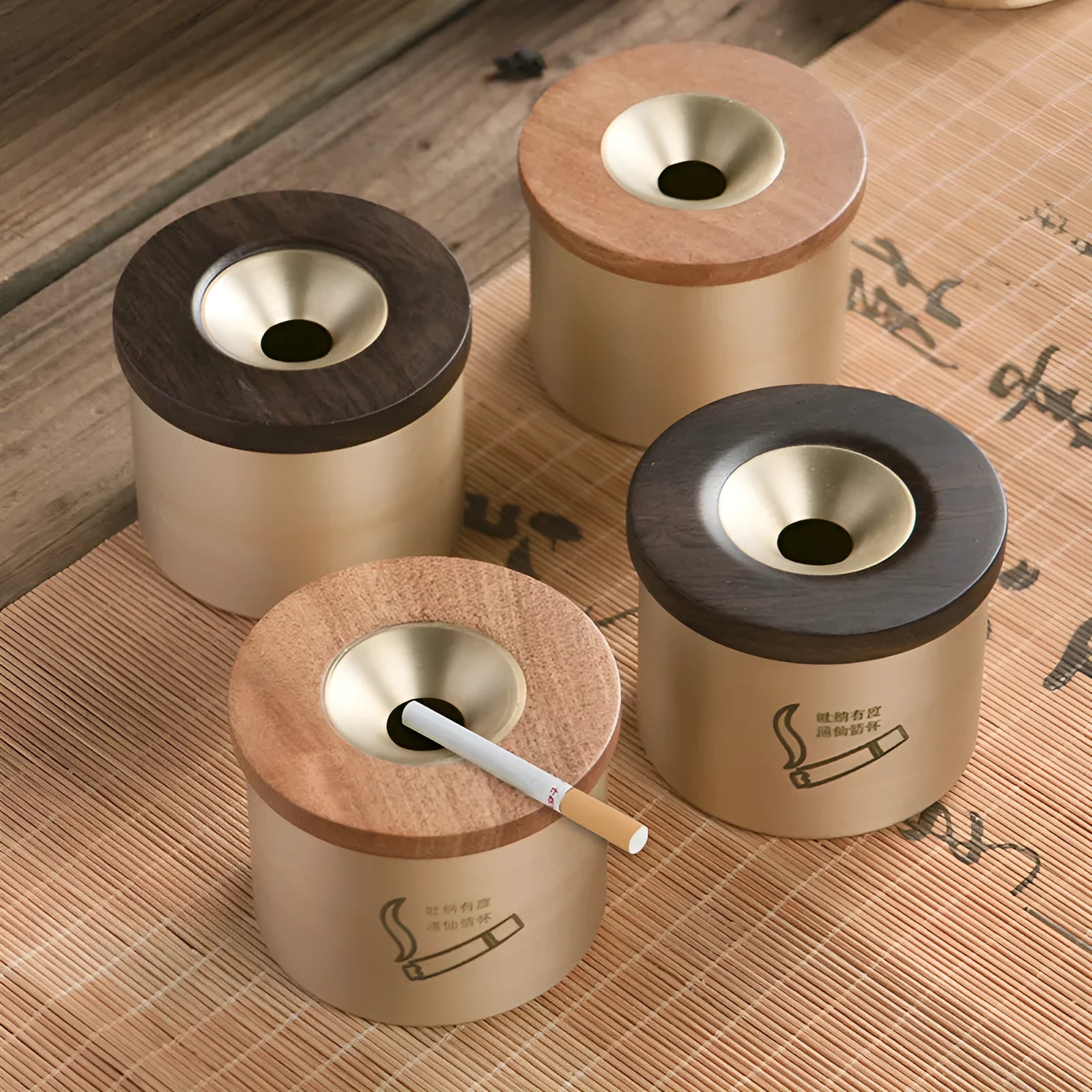 Retro brass ashtray with wooden lid showing copper construction and central hole design