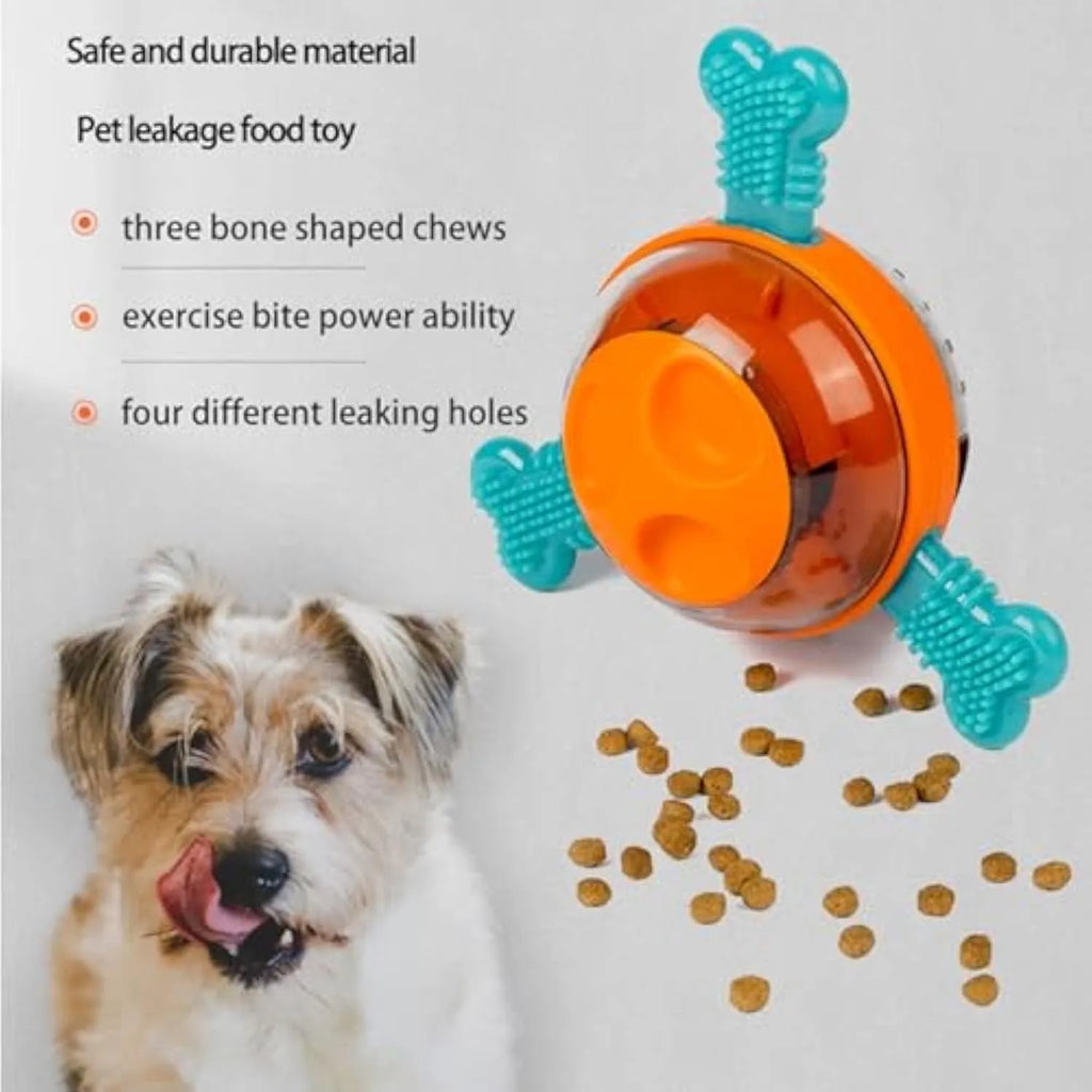 Blue rubber interactive dog chew toy and slow feeder with bone elements for small medium dogs