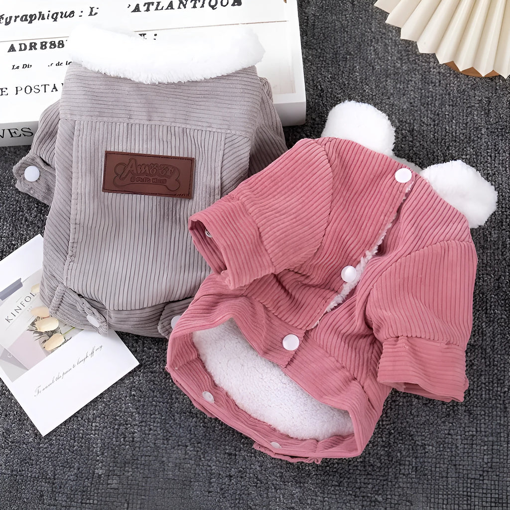 Lambswool grey padded dog vest with wool lining for winter wear, shown on a dog model.