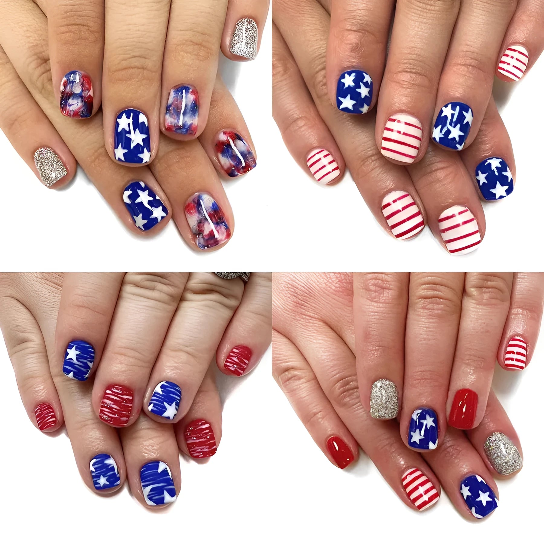 Red and blue glitter false nail tips with Independence Day theme in European Square shape