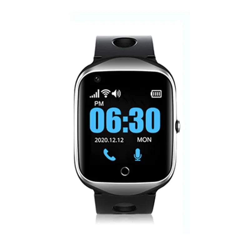 Square screen elderly positioning watch with GPS tracking and SOS calling features in black, blue, or silver colours