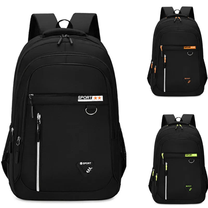 Men's large Oxford cloth schoolbag in black with letter pattern, showing air pillow belt and splicing detail.