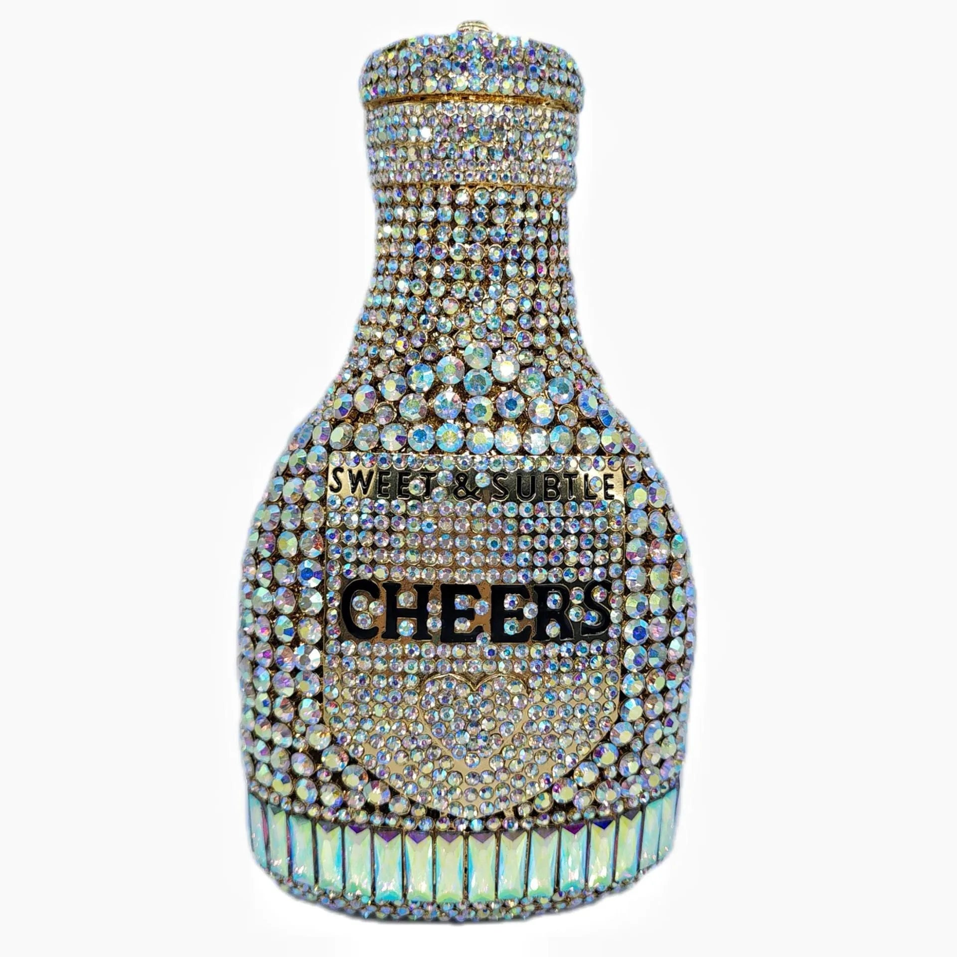 Gold rhinestone champagne bottle shaped evening clutch bag with wrist strap on a dark background.