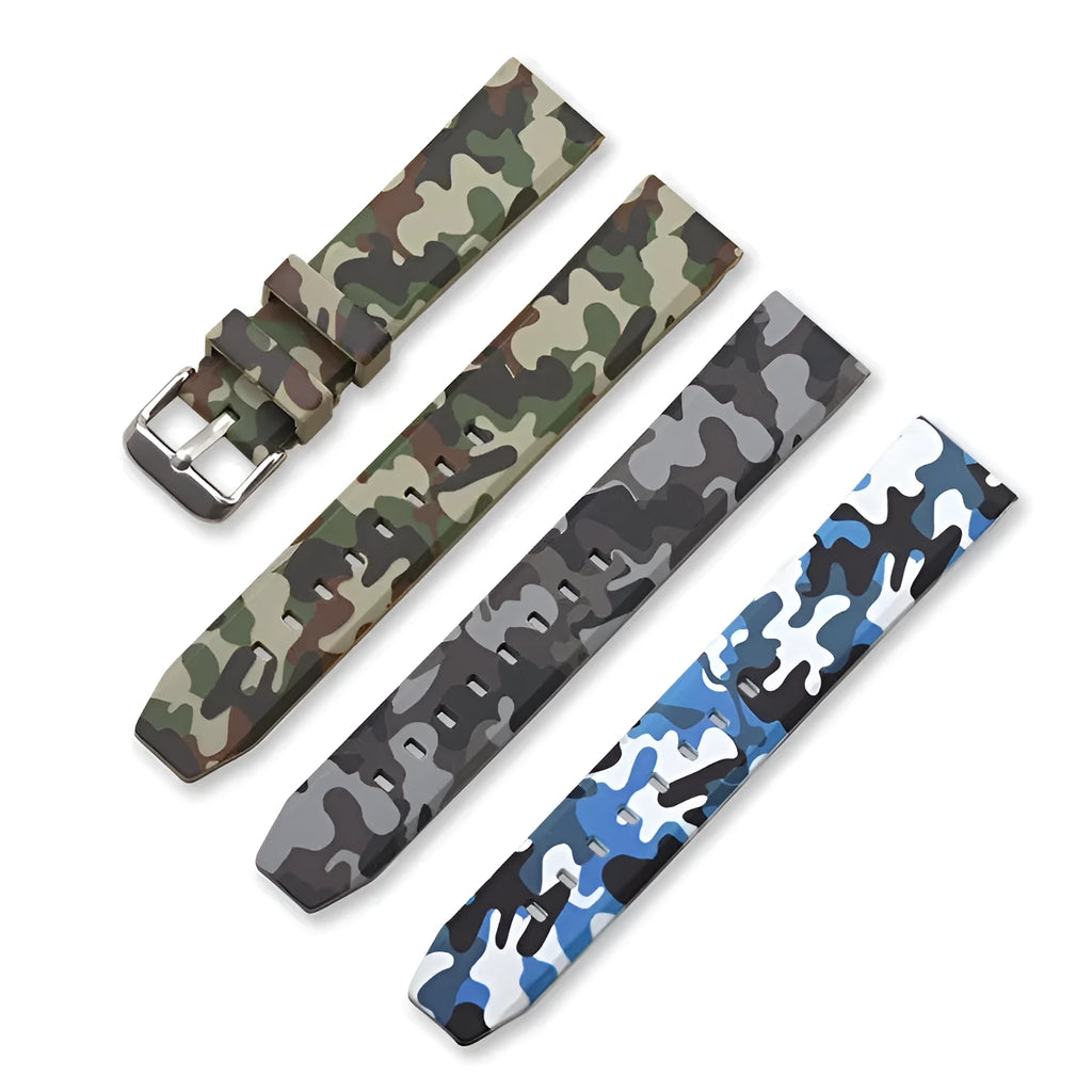 Blue camouflage silicone watch strap with flat head lugs for universal fit.