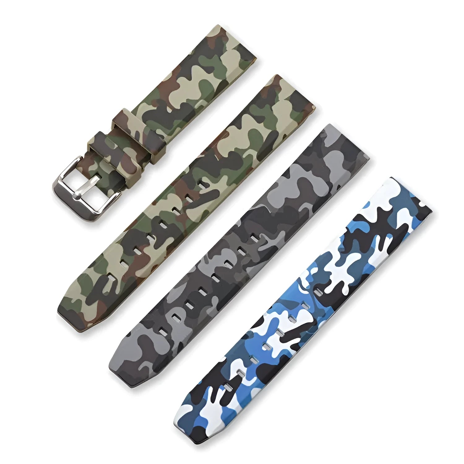 Blue camouflage silicone watch strap with flat head lugs for universal fit.