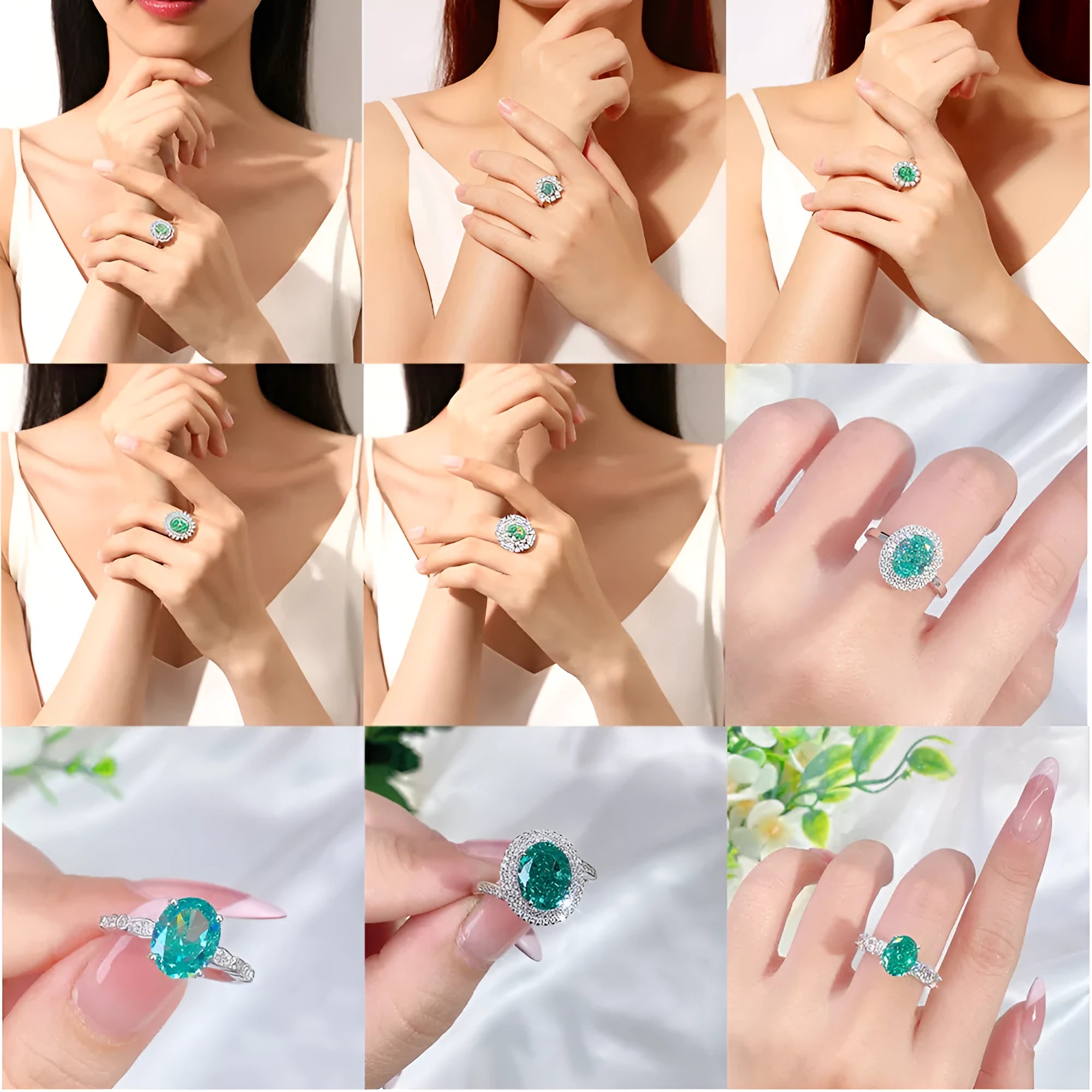 S925 silver emerald ring for women with inlaid high carbon diamonds in a geometric design on a white background.