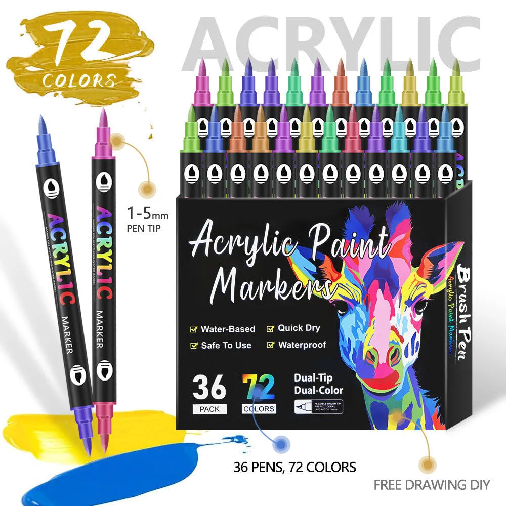 Set of double-tipped acrylic marker pens showing washable opaque colours in 12, 24 or 36 piece options