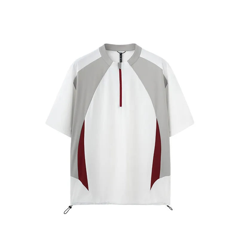 Men's black and beige stitching top with long and short sleeve options in polyester fabric
