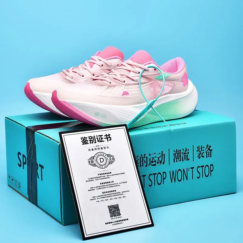 Low-top racing sneakers with carbon plate technology showing front lace-up closure and natural rubber sole