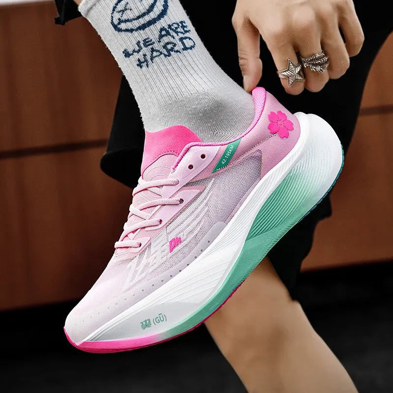 Low-top racing sneakers with carbon plate technology showing front lace-up closure and natural rubber sole
