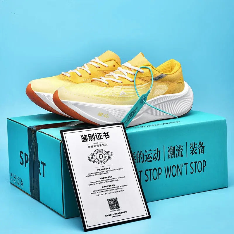 Low-top racing sneakers with carbon plate technology showing front lace-up closure and natural rubber sole