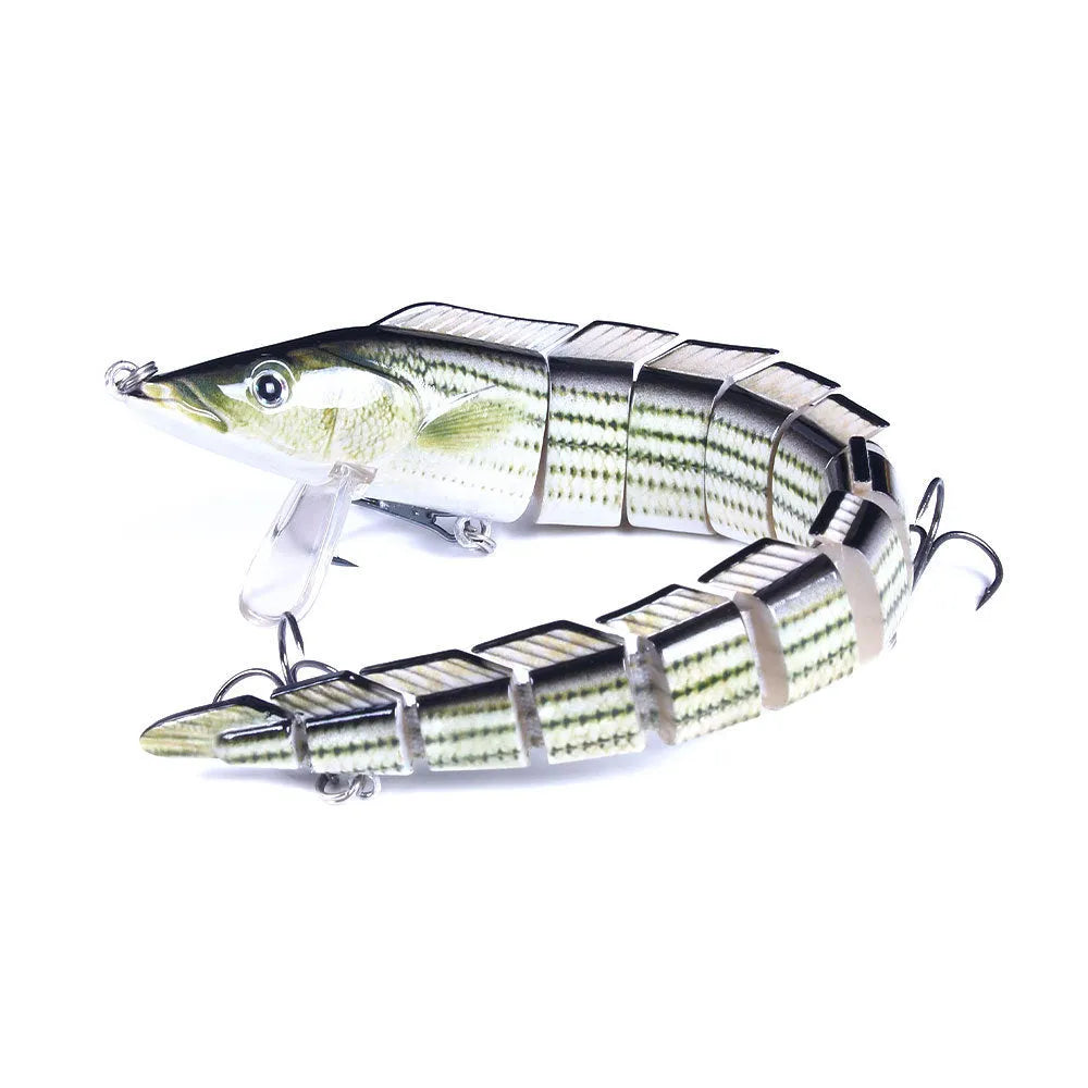 Multi-section soft plastic loach fishing lure showing articulated design and natural colour pattern
