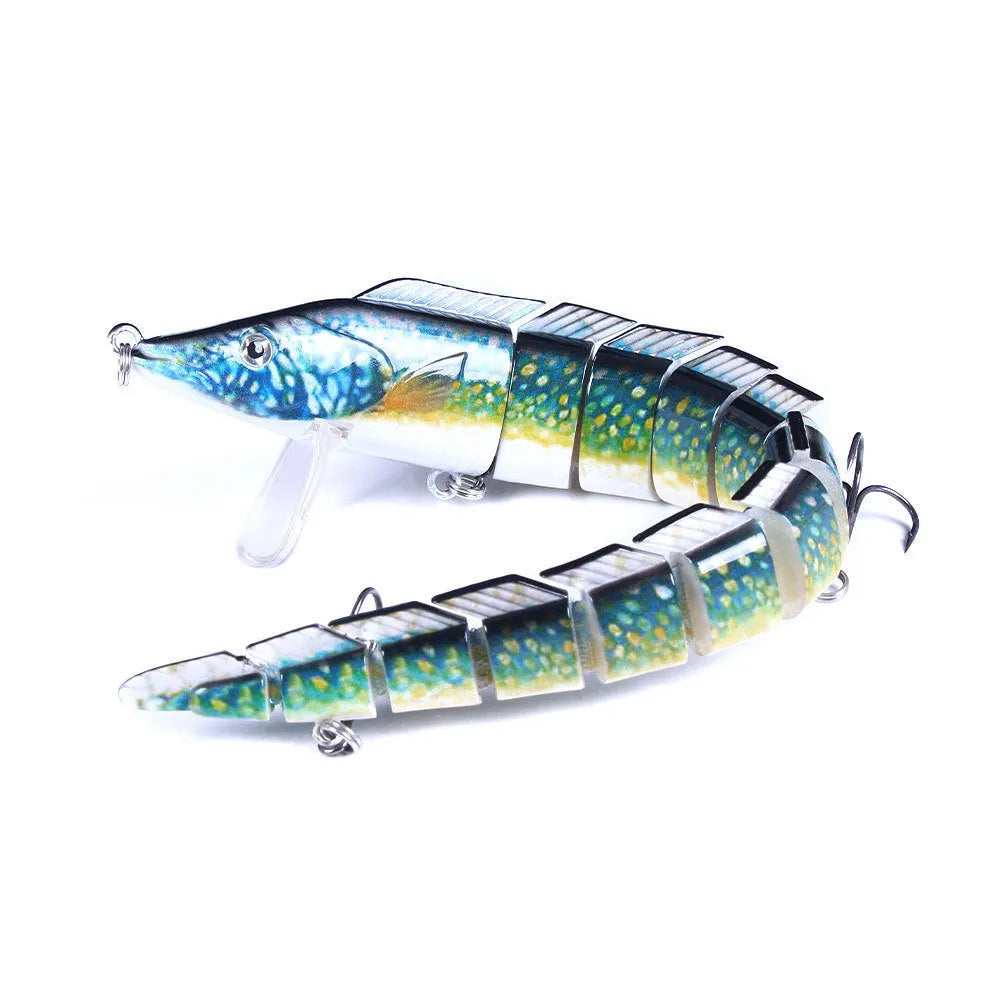 Multi-section soft plastic loach fishing lure showing articulated design and natural colour pattern
