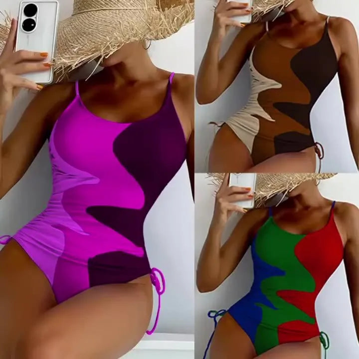 Women's sleeveless one-piece swimsuit in a striped print, showing backless design and available in multiple colours.