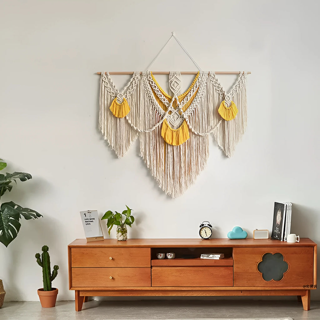 Nordic style creamy-white cotton tapestry with hand-woven yellow accents, rectangular shape 120x95cm