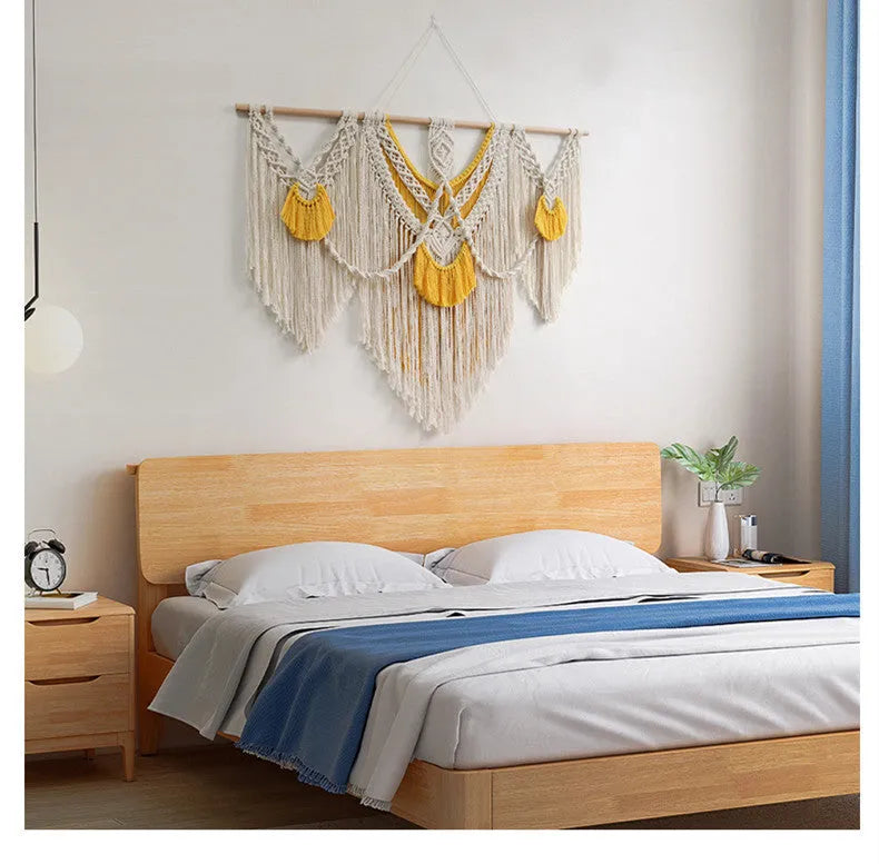 Nordic style creamy-white cotton tapestry with hand-woven yellow accents, rectangular shape 120x95cm