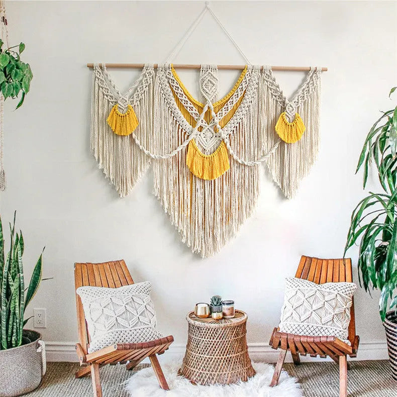 Nordic style creamy-white cotton tapestry with hand-woven yellow accents, rectangular shape 120x95cm