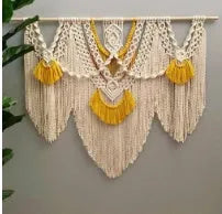 Nordic style creamy-white cotton tapestry with hand-woven yellow accents, rectangular shape 120x95cm