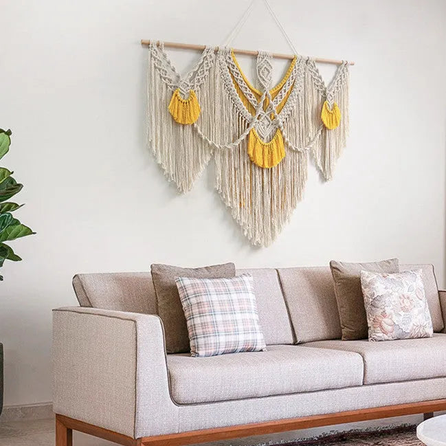 Nordic style creamy-white cotton tapestry with hand-woven yellow accents, rectangular shape 120x95cm