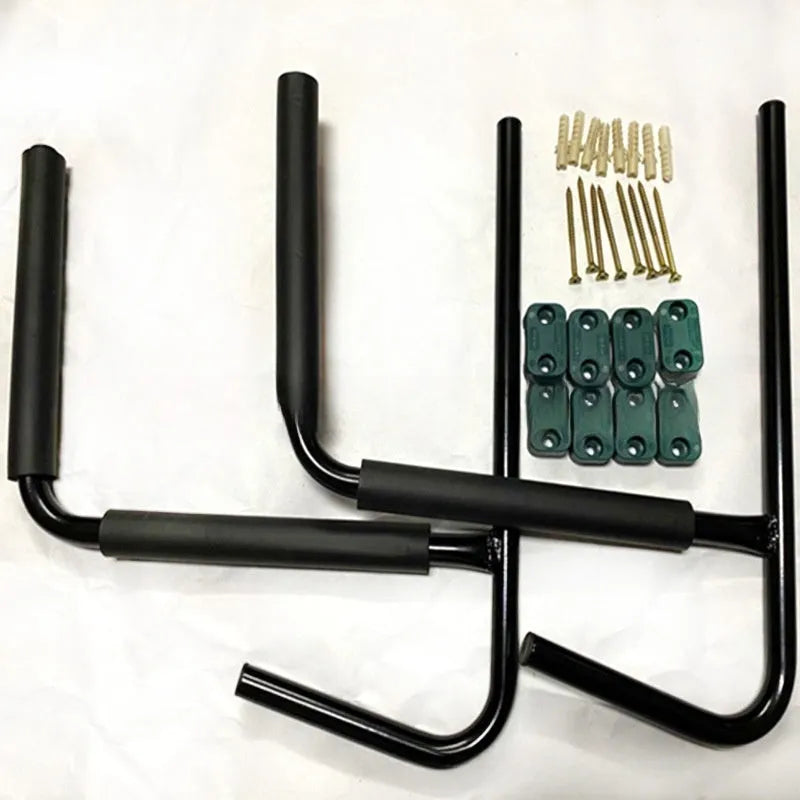 Black powder-coated carbon steel kayak and surfboard wall storage hanger