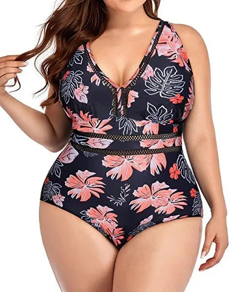 Black printed plus size women's bikini swimsuit with mesh fabric
