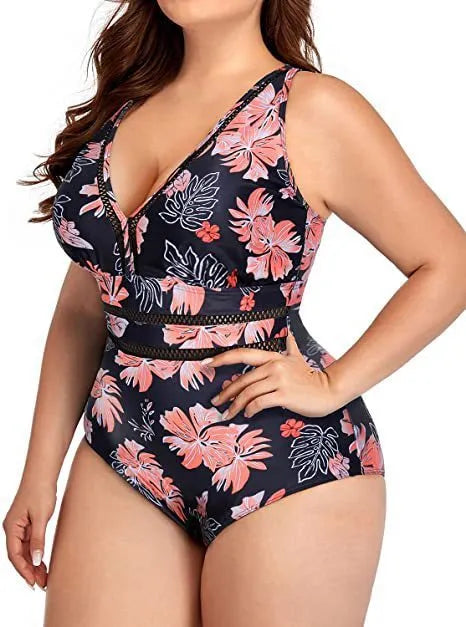 Black printed plus size women's bikini swimsuit with mesh fabric