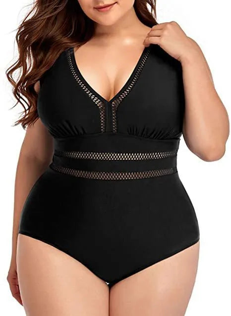 Black printed plus size women's bikini swimsuit with mesh fabric