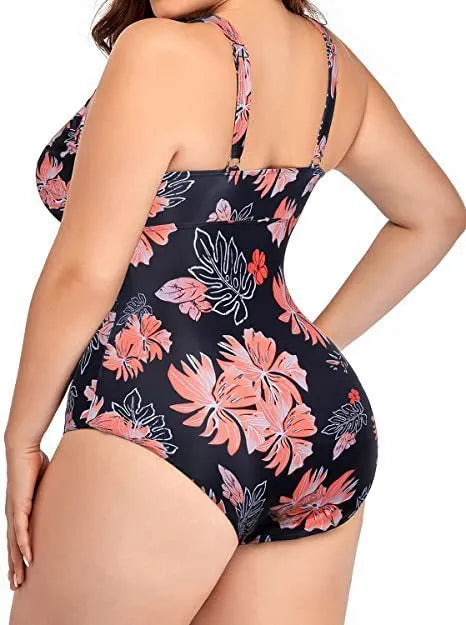 Black printed plus size women's bikini swimsuit with mesh fabric