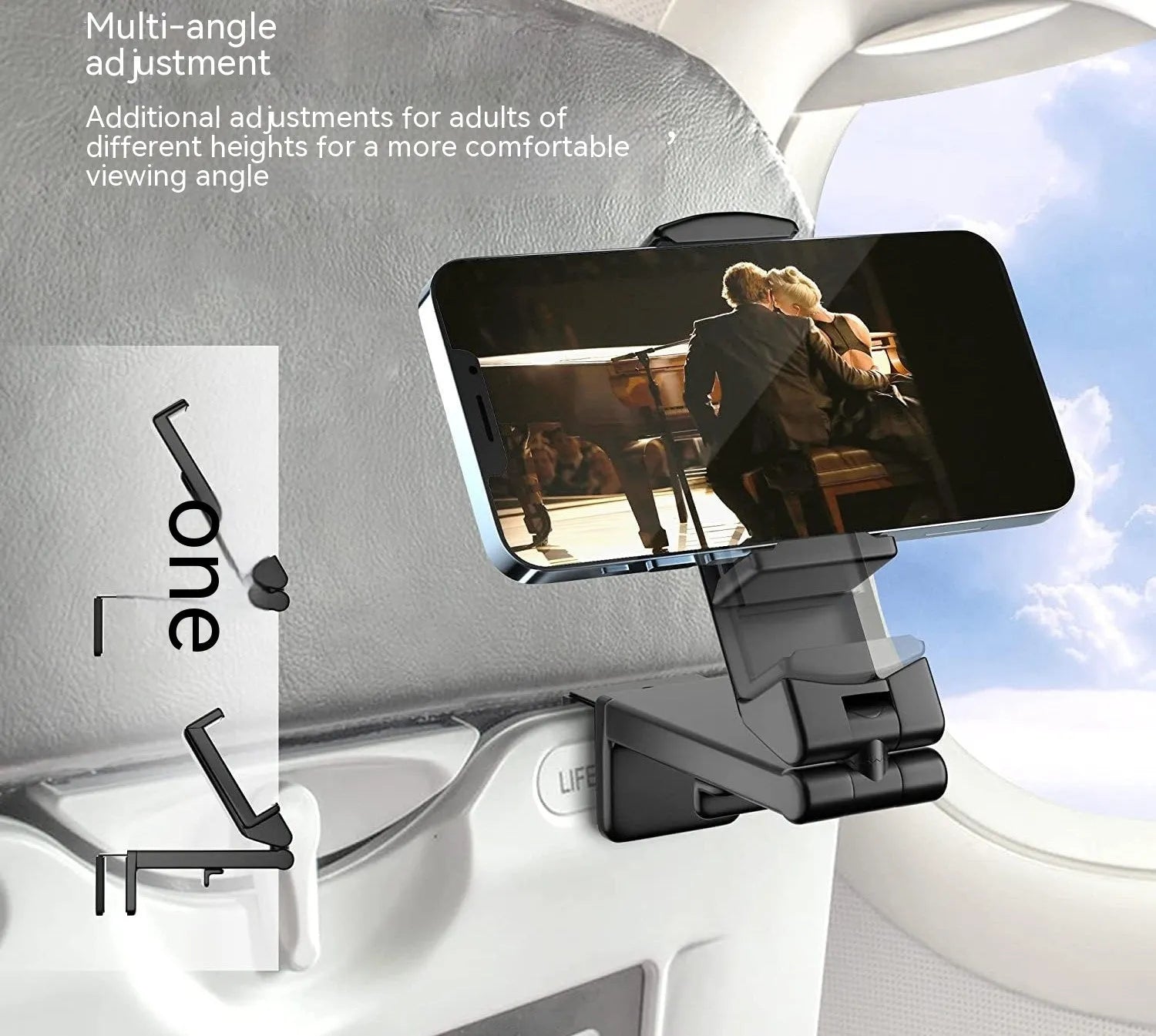 Foldable rotating universal phone holder in black, gray, or green colours on a flat surface