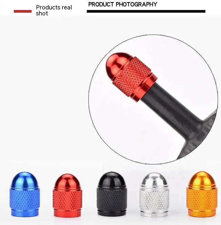 Aluminium mountain bike tyre valve cap in choice of five colours: black, blue, gold, silver, red.