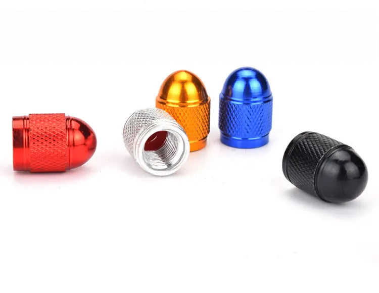 Aluminium mountain bike tyre valve cap in choice of five colours: black, blue, gold, silver, red.