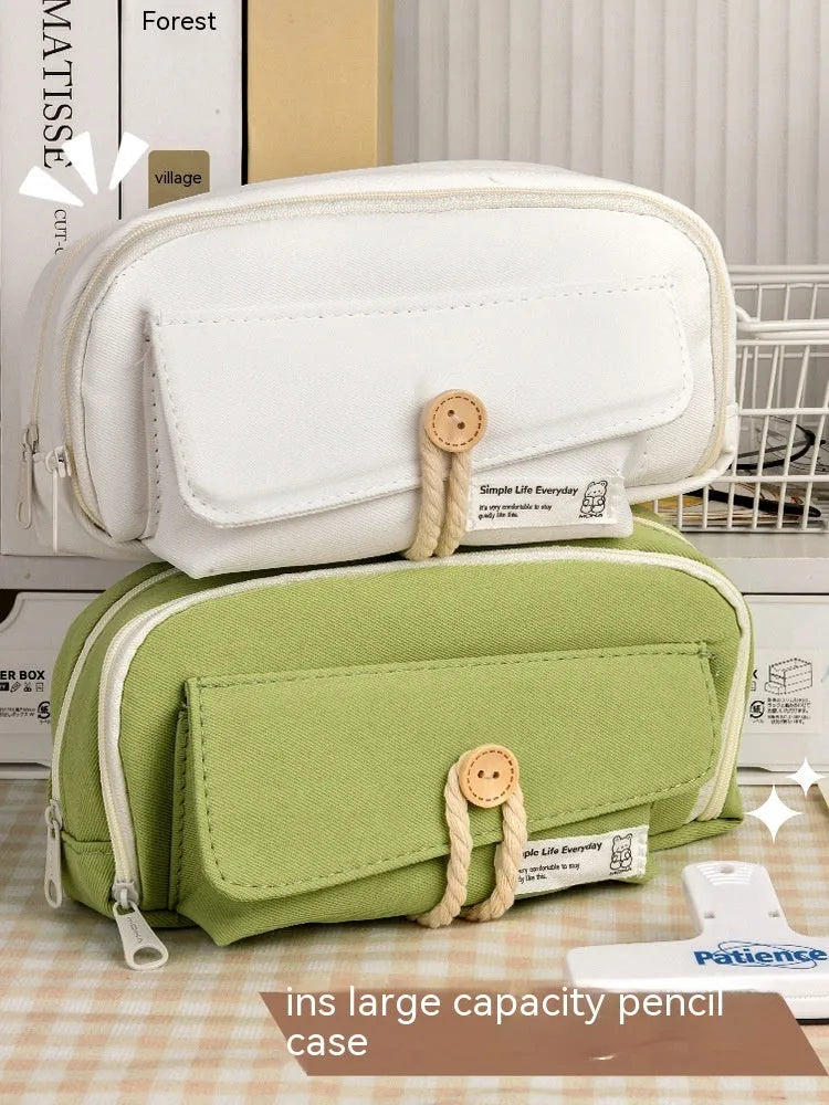 Korean style canvas pencil case in green, holds approximately 80 pens