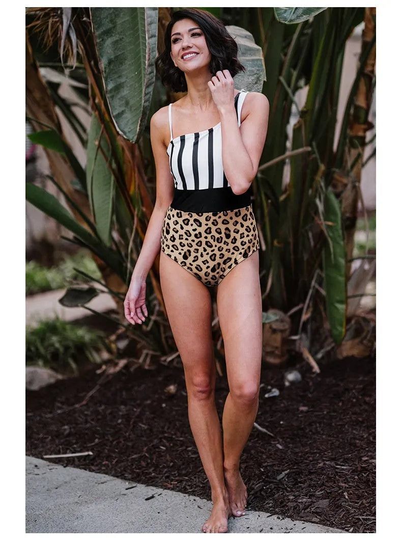 Women's leopard print one-piece swimsuit with asymmetric collar and high waist briefs design
